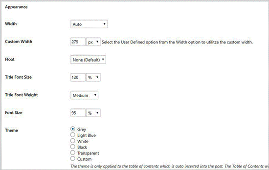 تنظیمات ظاهری پلاگین easy table of contents