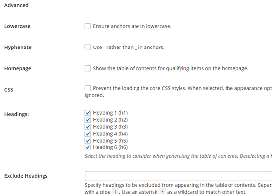 تنظیمات پیشرفته پلاگین easy table of contents