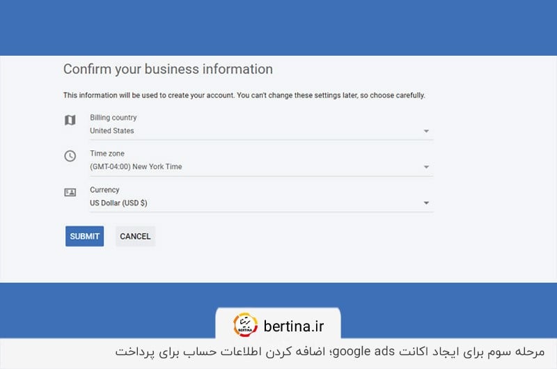 ورود اطلاعات حساب پرداختی برای ساخت حساب گوگل ادز