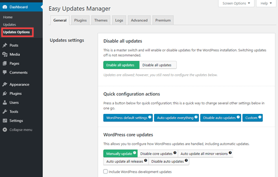 تنظیمات پلاگین easy updates manager