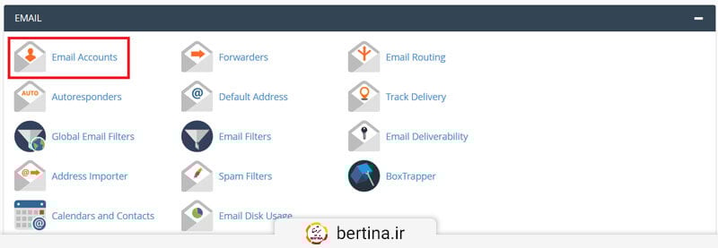 برای ساخت ایمیل اکانت در کنترل‌پنل Cpanel، وارد صفحه اصلی کنترل‌پنل خود شوید و در قسمت Mail روی Email Accounts کلیک کنید.